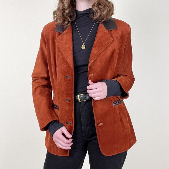 Vintage Leather & Suede Oversized Blazer Jacket Coat Long Preppy Grunge European - Picture 6 of 6